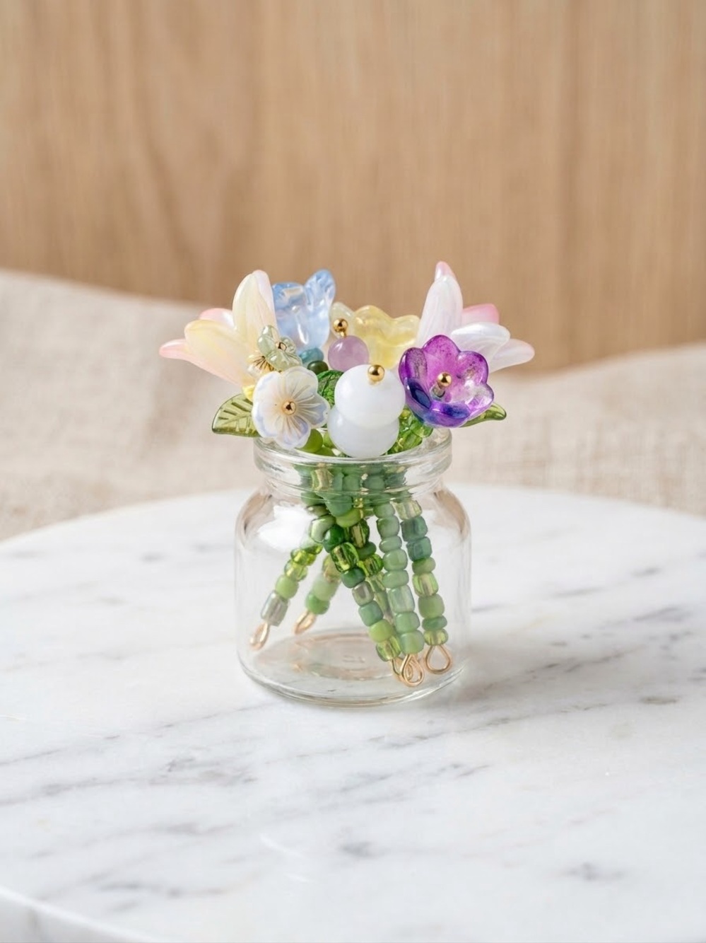 Micro Bouquet with Assorted Beaded Flowers & Mini Glass Vase